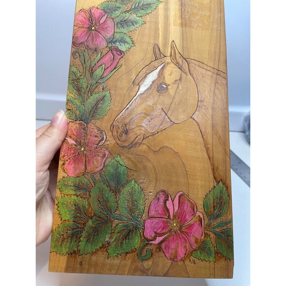 HAND PAINTED wood vintage horse PONY WITH WILD FLOWERS wall decor SIGNED - Picture 2 of 8